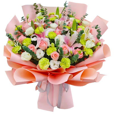 抚顺16朵粉玫瑰百合康乃馨，宁静和温柔