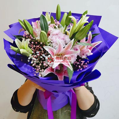 抚顺6支粉色多头百合，真诚的问候